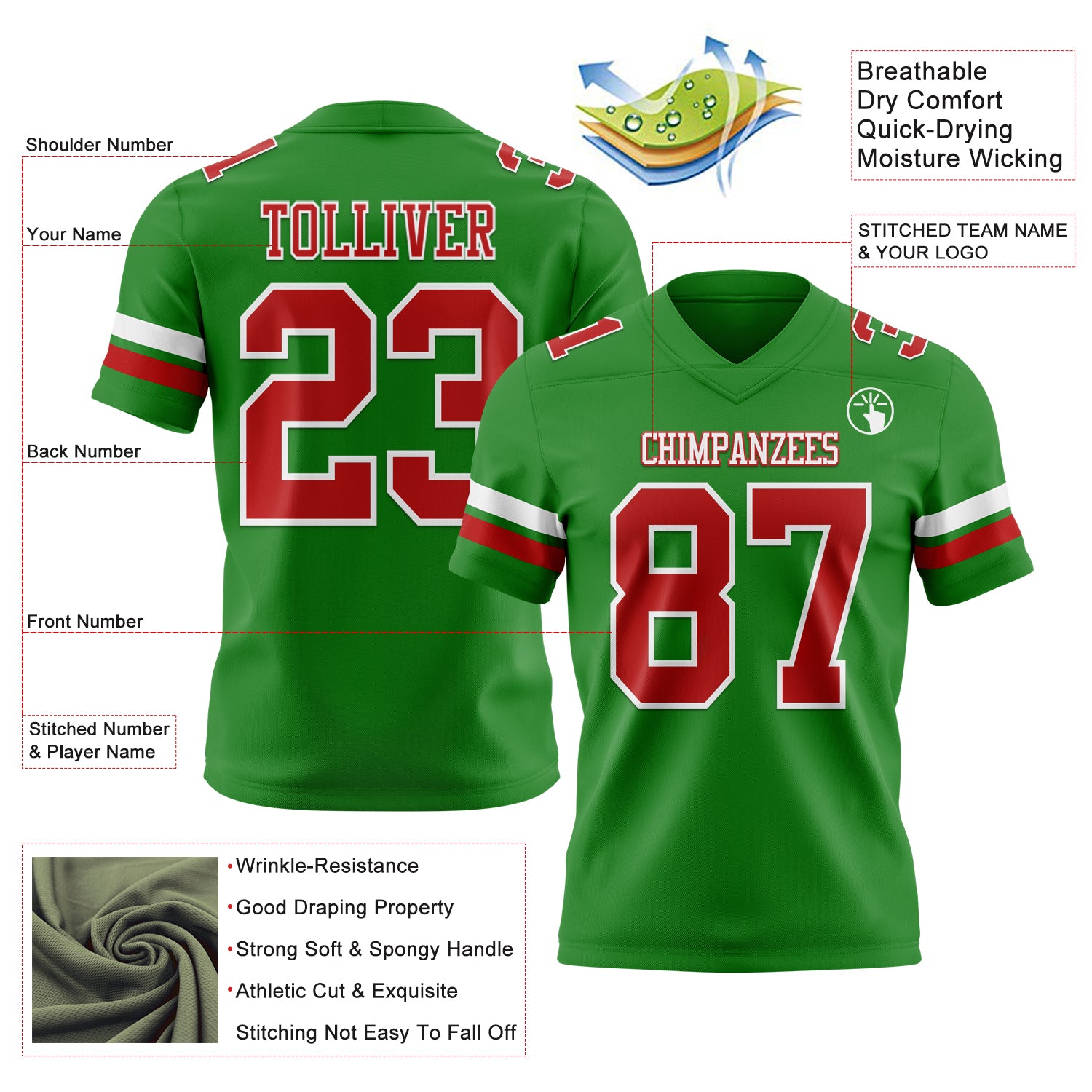 Custom Grass Green Red-White Authentic Football Jersey