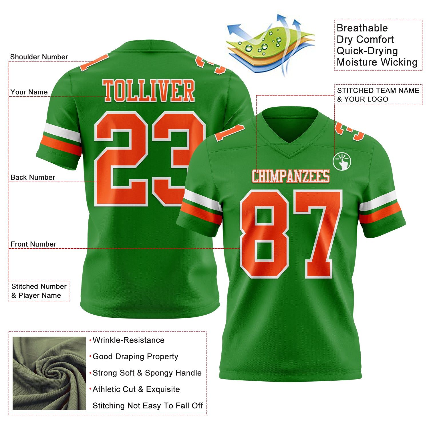 Custom Grass Green Orange-White Authentic Football Jersey