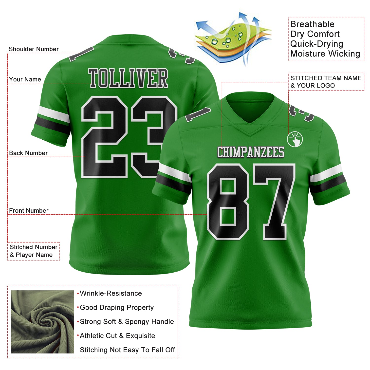 Custom Grass Green Black-White Authentic Football Jersey