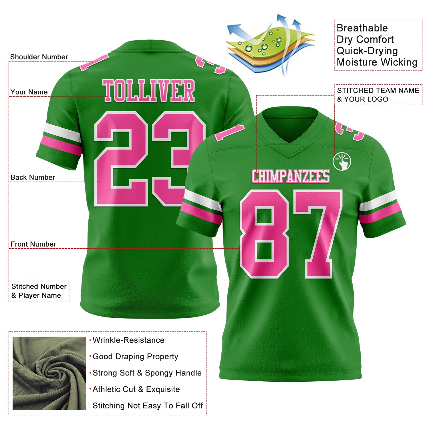 Custom Grass Green Pink-White Authentic Football Jersey