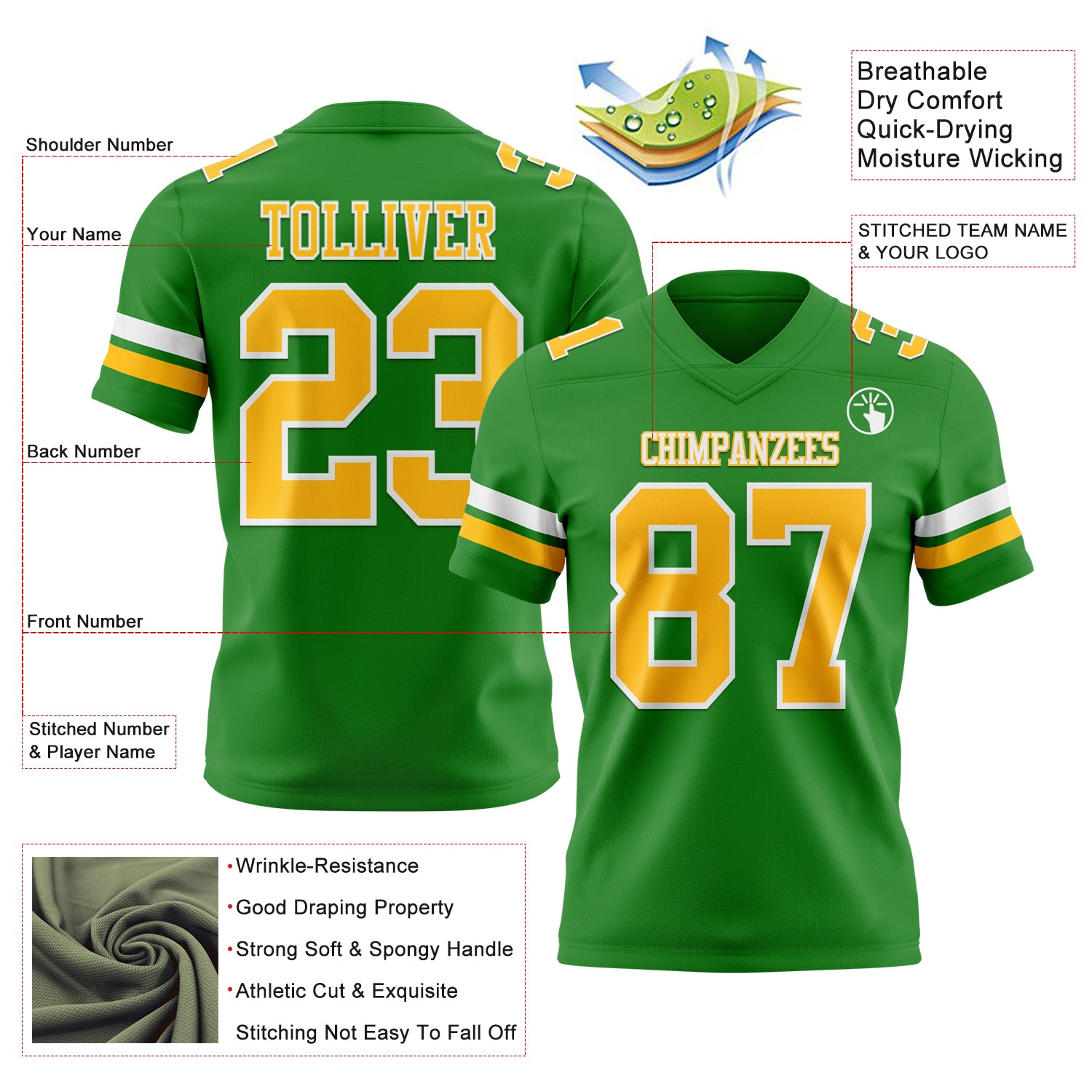 Custom Grass Green Gold-White Authentic Football Jersey