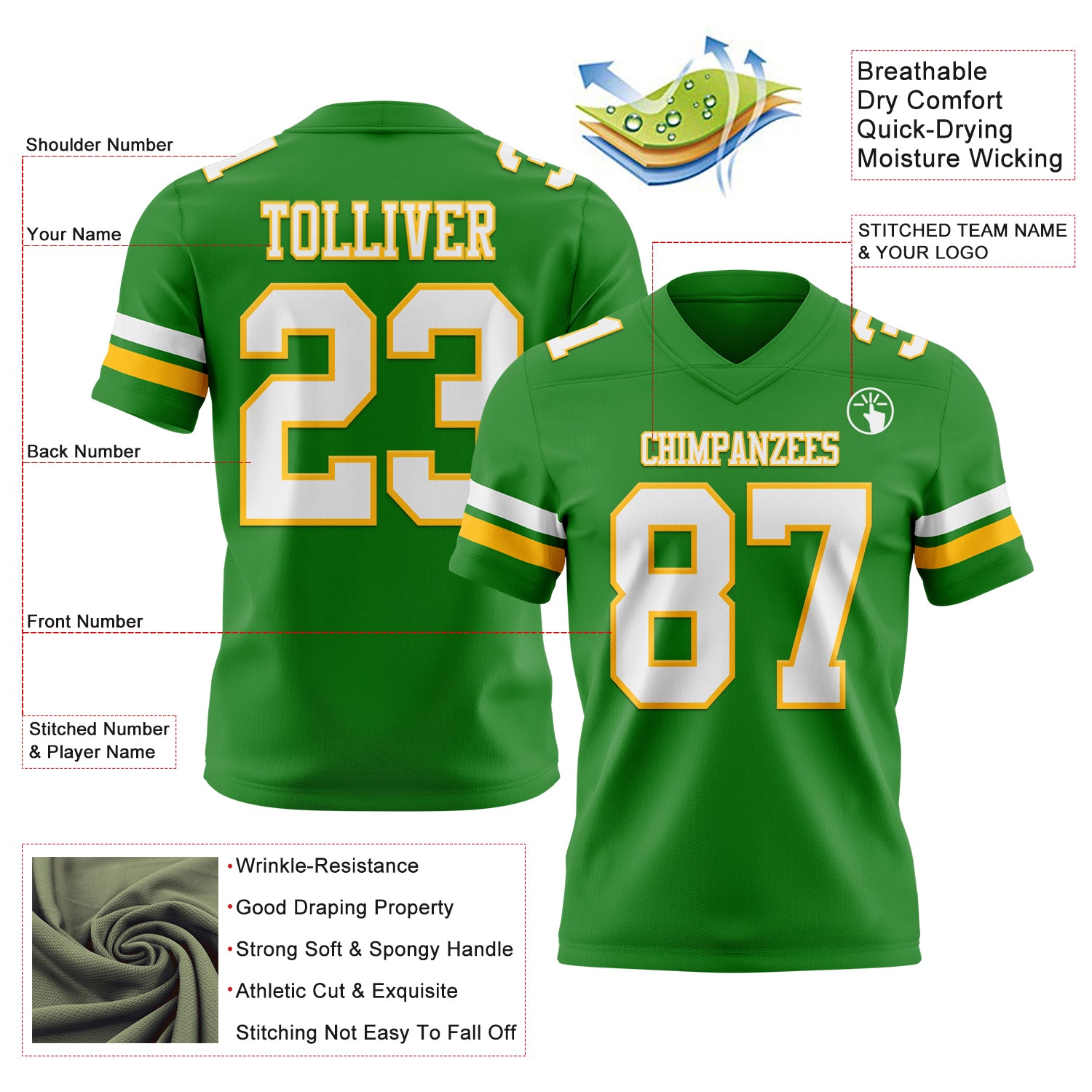 Custom Grass Green White-Gold Authentic Football Jersey