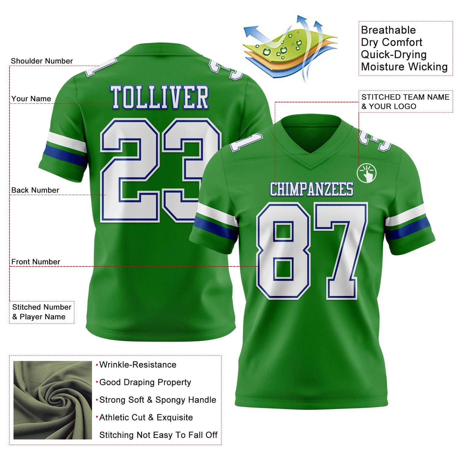 Custom Grass Green White-Royal Authentic Football Jersey