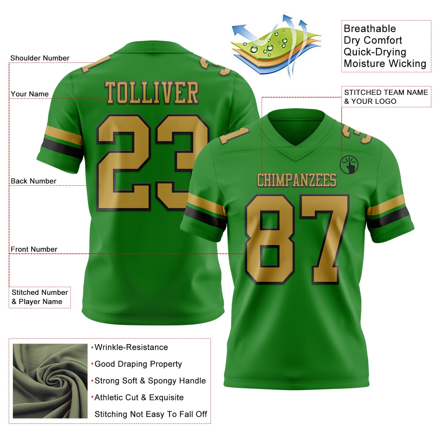 Custom Grass Green Old Gold-Black Authentic Football Jersey