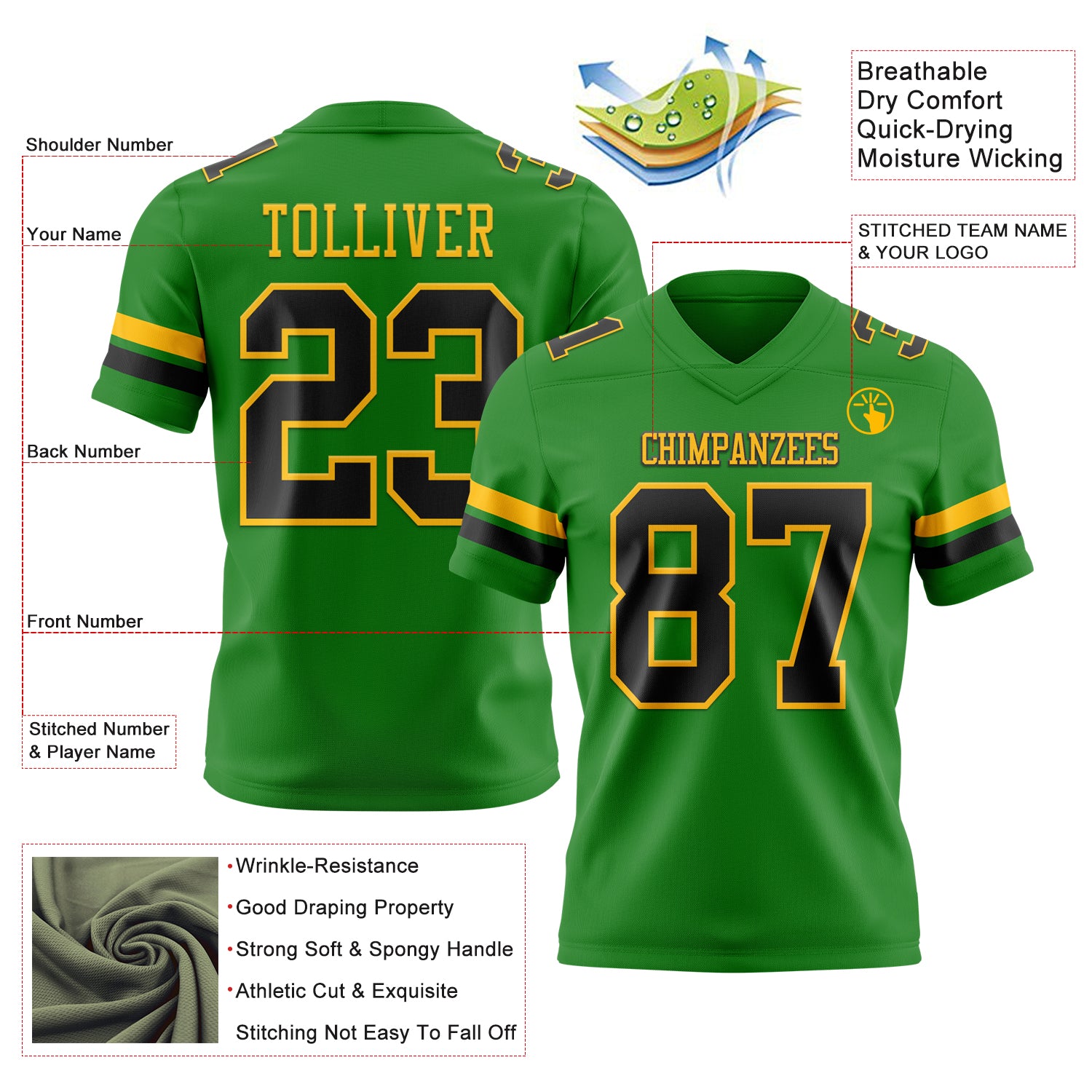 Custom Grass Green Black-Gold Authentic Football Jersey