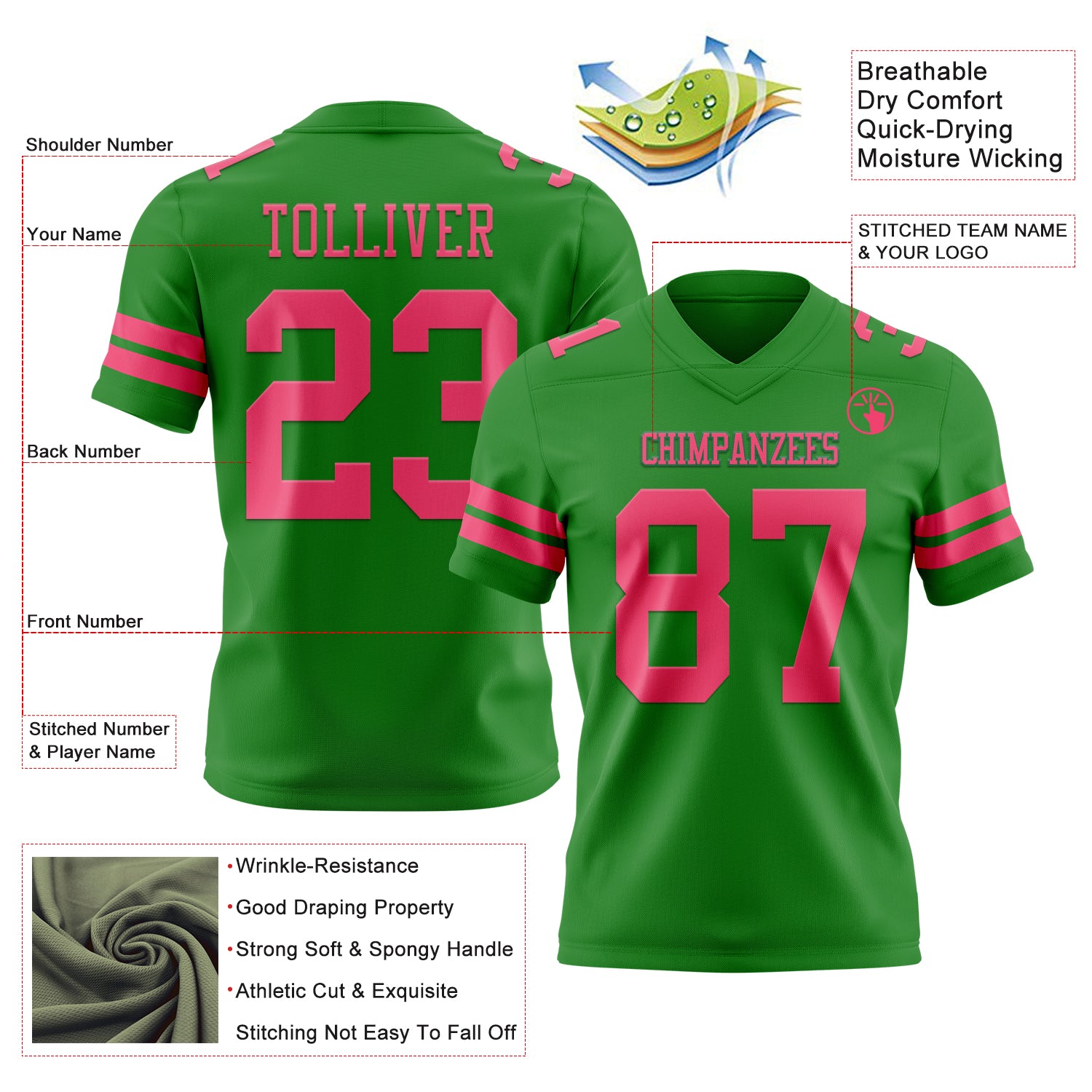 Custom Grass Green Neon Pink Authentic Football Jersey