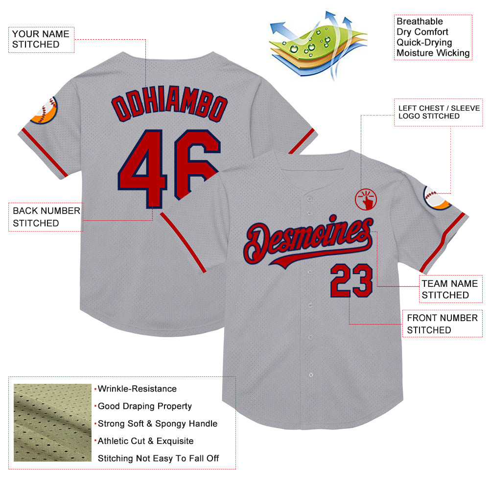 Custom Gray Red-Navy Mesh Authentic Throwback Baseball Jersey