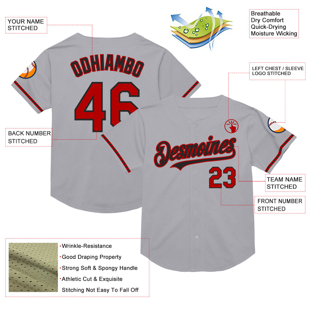 Custom Gray Red-Black Mesh Authentic Throwback Baseball Jersey