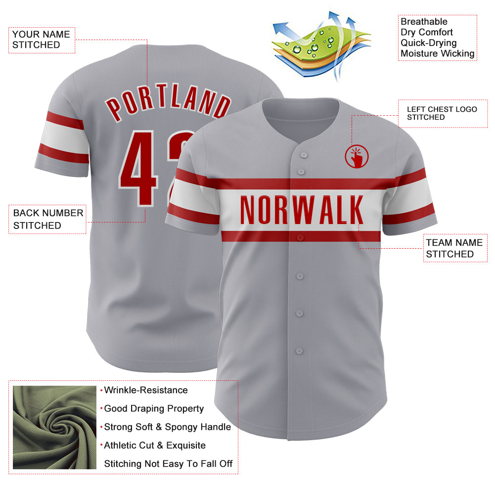 Custom Gray Red-White Authentic Baseball Jersey