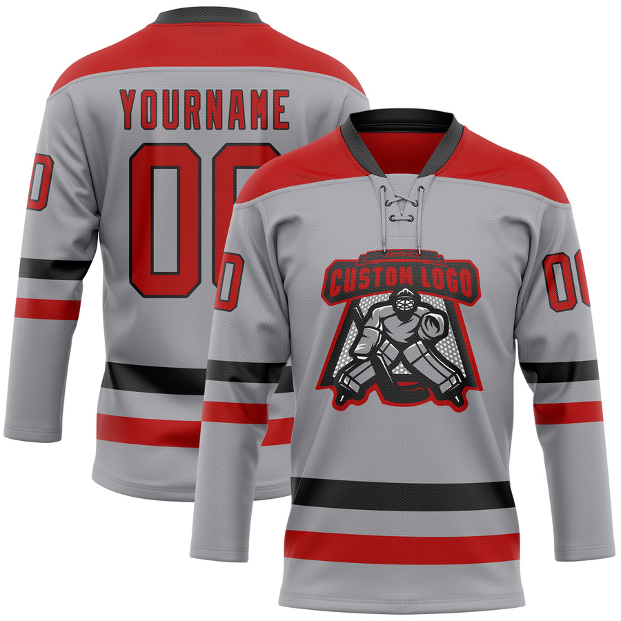 Custom Gray Red-Black Hockey Lace Neck Jersey