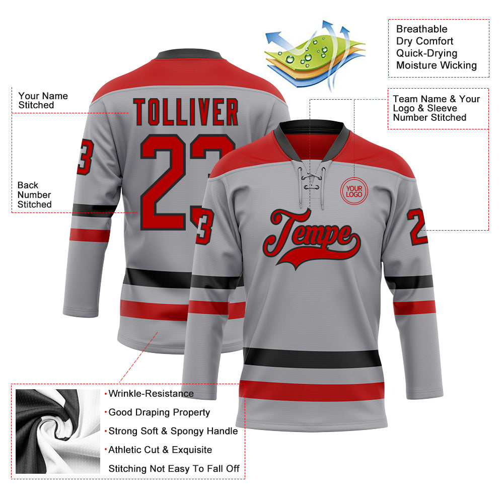 Custom Gray Red-Black Hockey Lace Neck Jersey