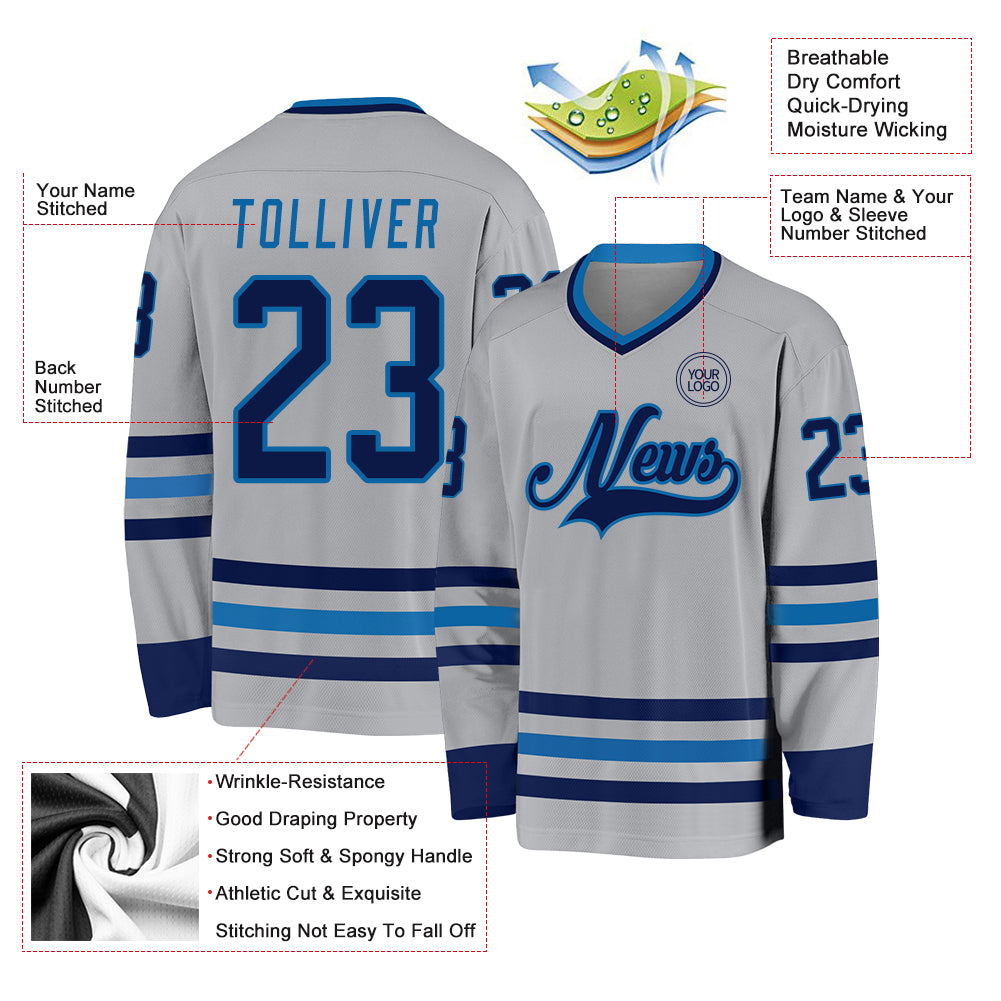Custom Gray Navy-Blue Hockey Jersey