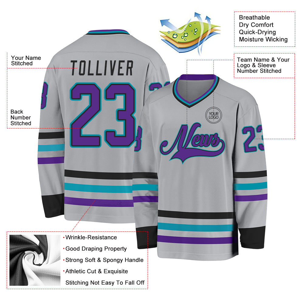 Custom Gray Purple Black-Teal Hockey Jersey