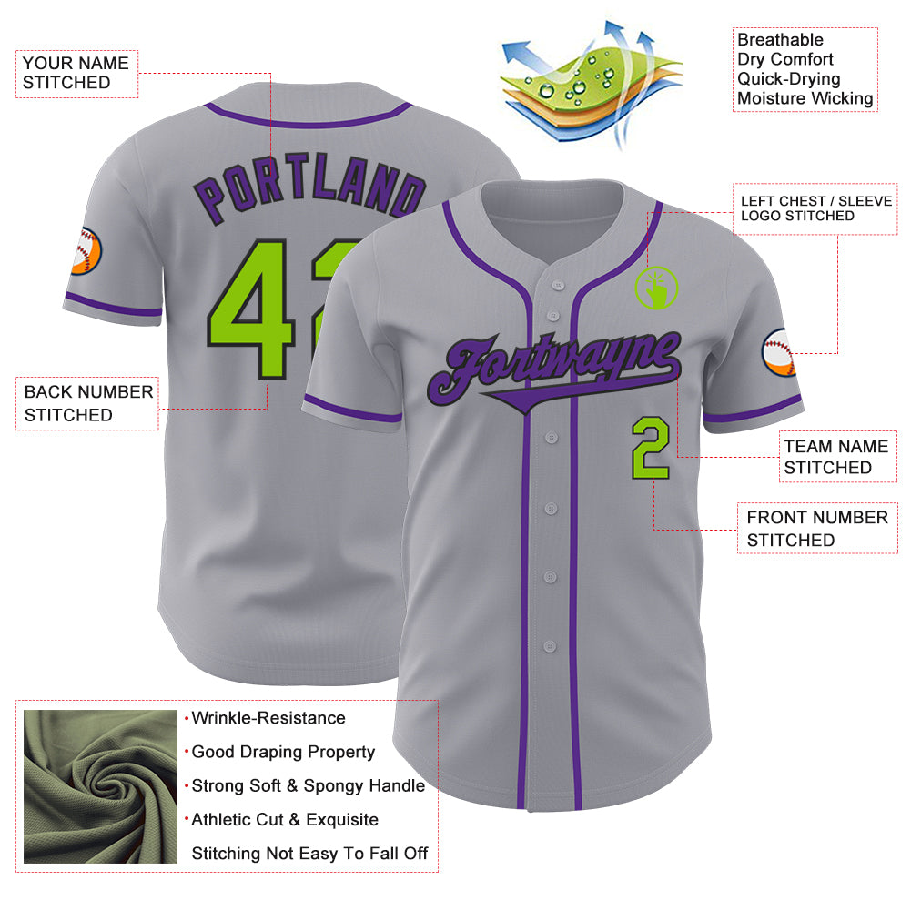 Custom Gray Neon Green Black-Purple Authentic Baseball Jersey