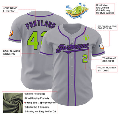 Custom Gray Neon Green Black-Purple Authentic Baseball Jersey