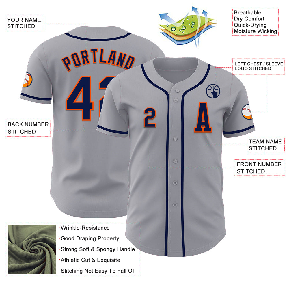 Custom Gray Navy-Orange Authentic Baseball Jersey