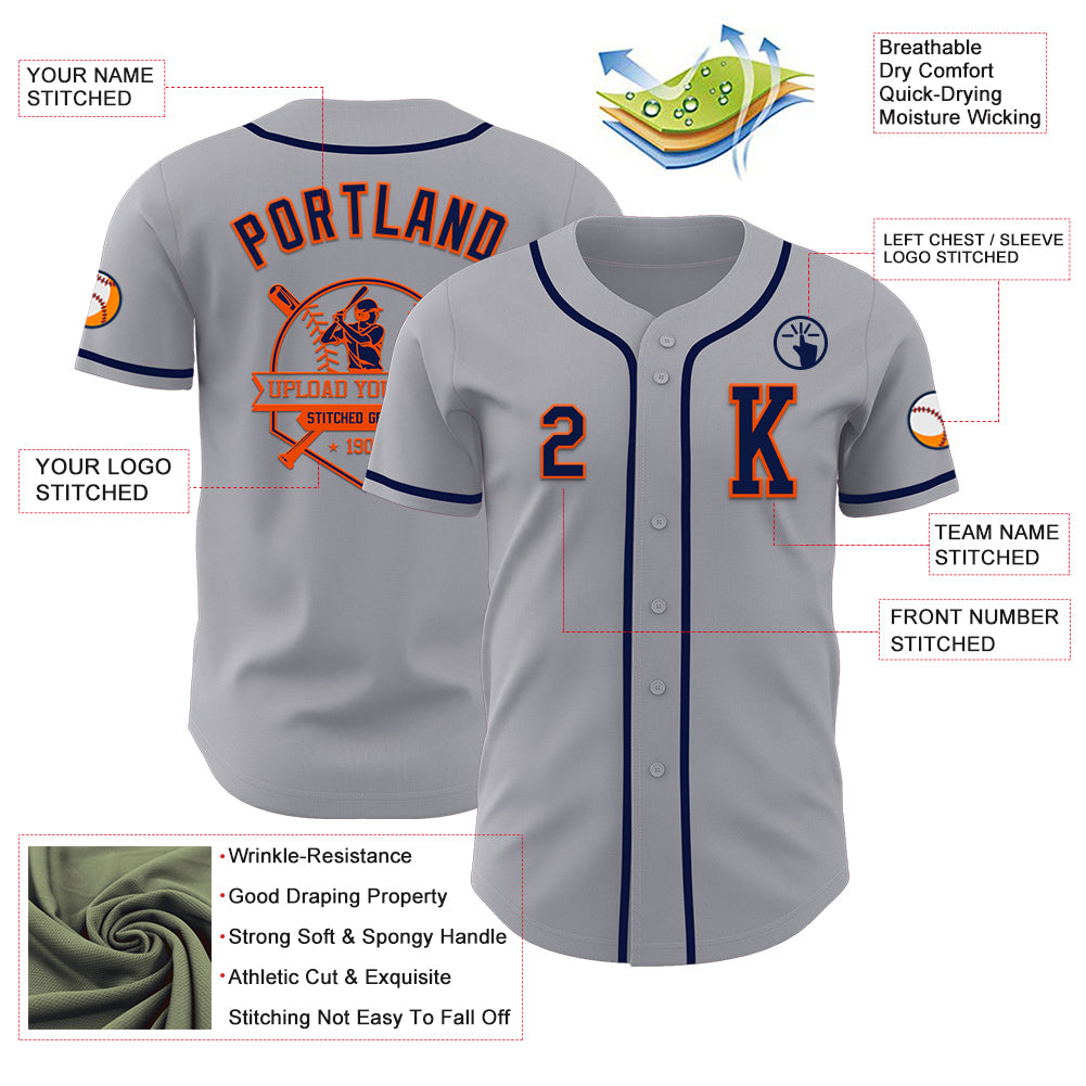 Custom Gray Navy-Orange Authentic Baseball Jersey