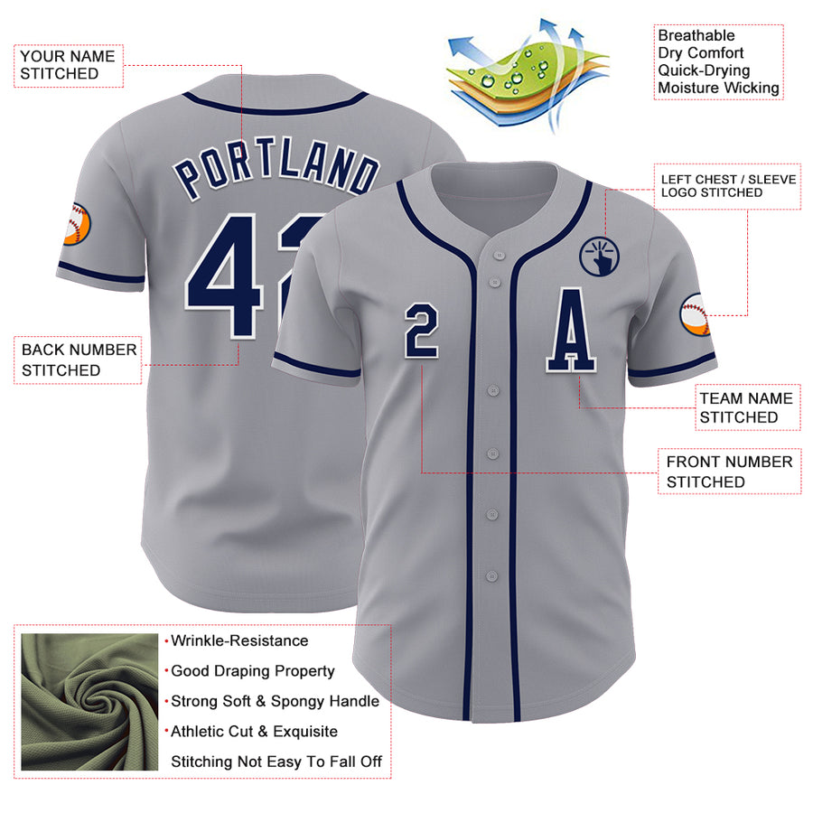 Custom Gray Navy-White Authentic Baseball Jersey