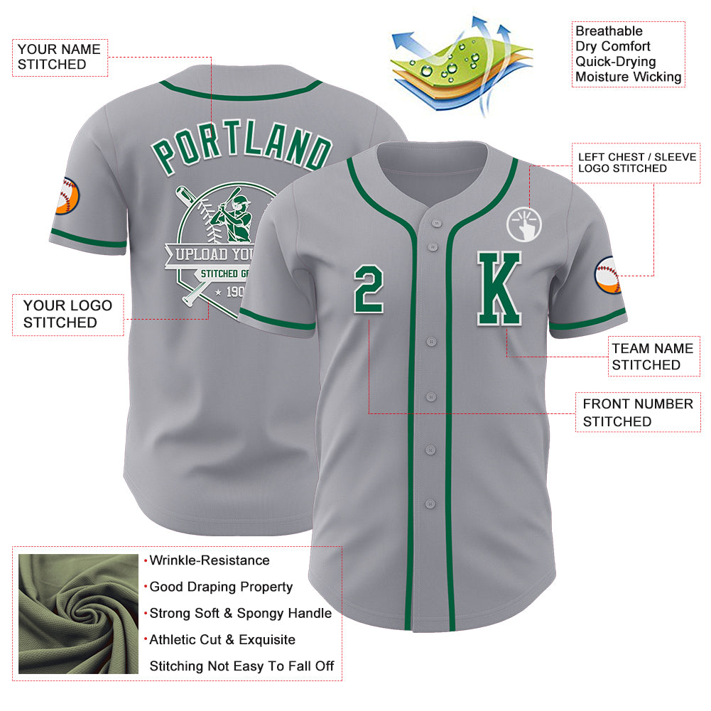 Custom Gray Kelly Green-White Authentic Baseball Jersey