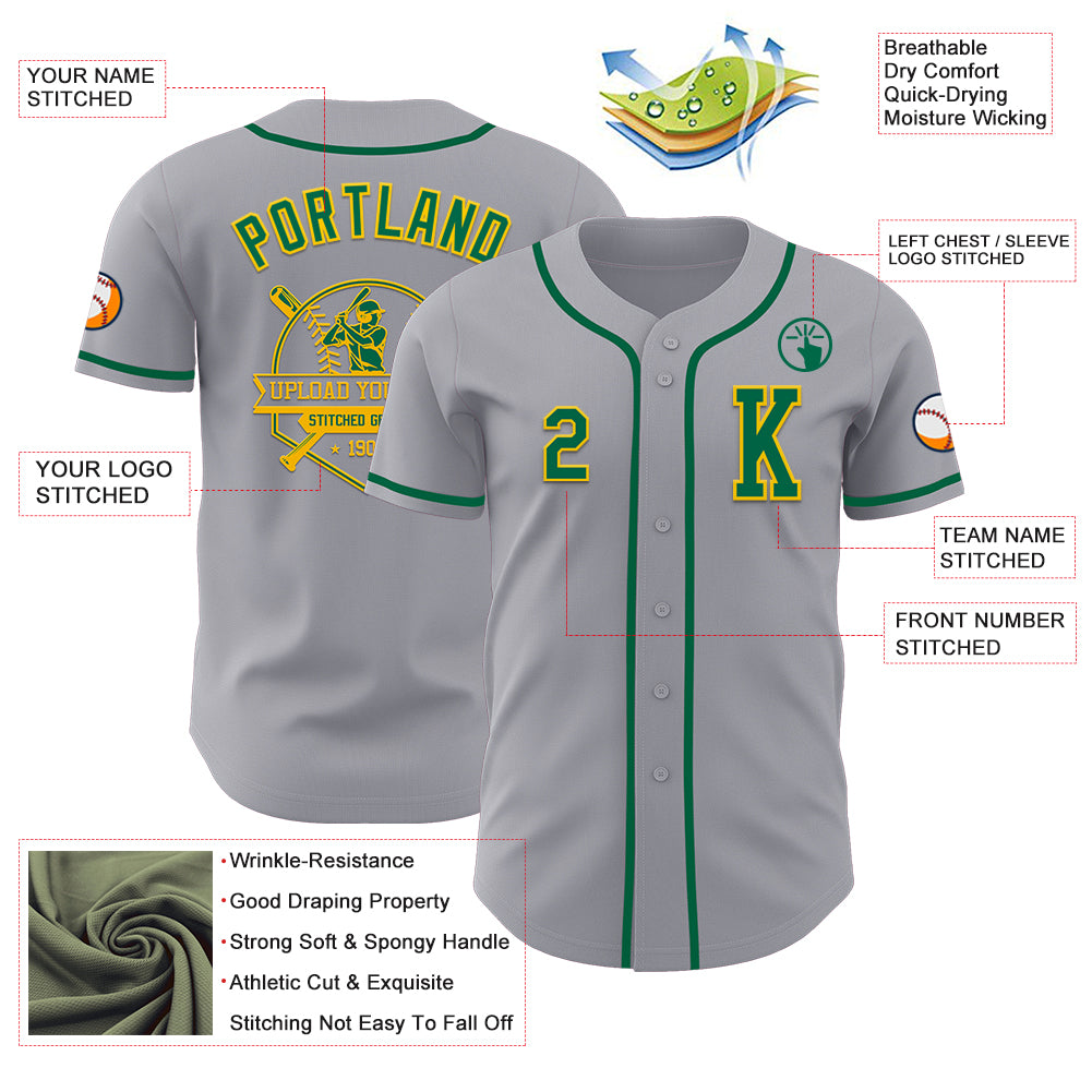 Custom Gray Kelly Green-Gold Authentic Baseball Jersey