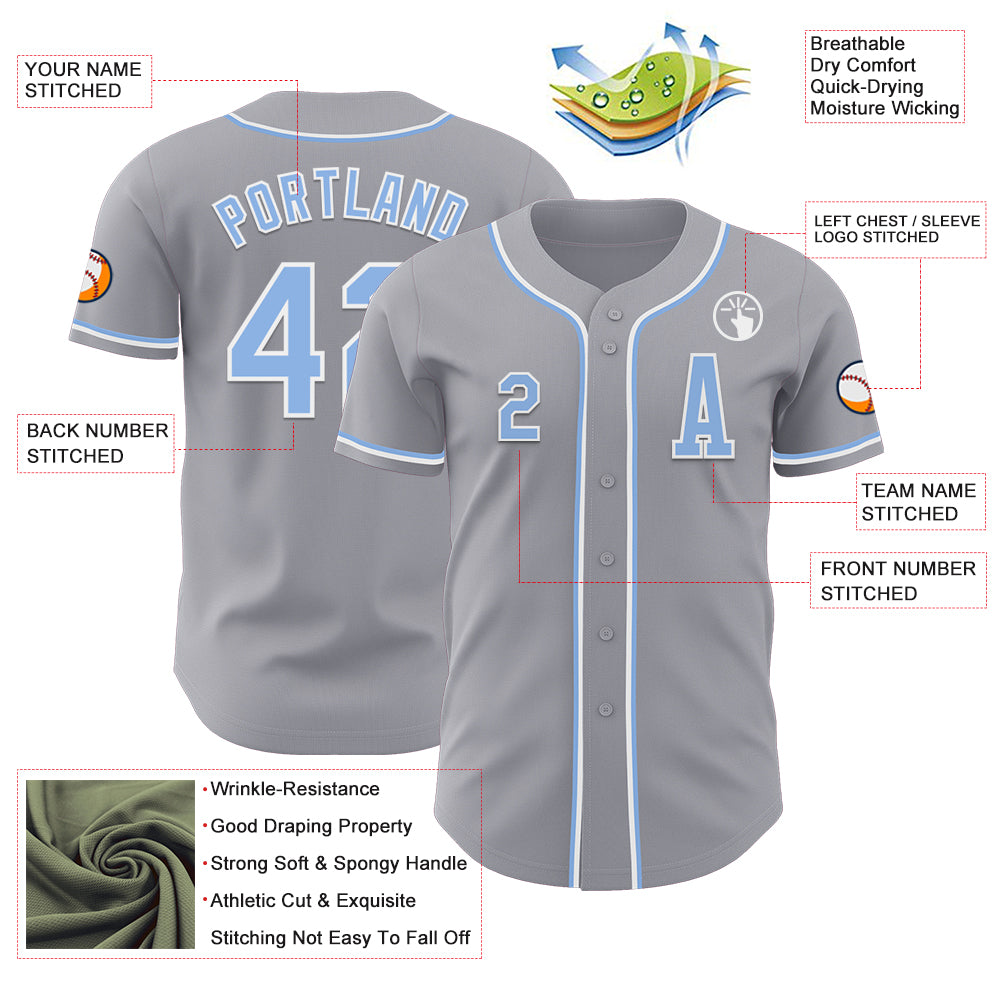 Custom Gray Light Blue-White Authentic Baseball Jersey