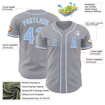 Custom Gray Light Blue-White Authentic Baseball Jersey