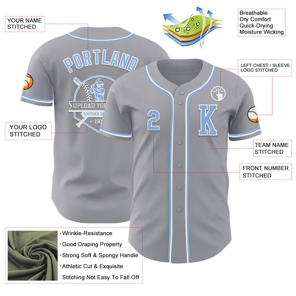 Custom Gray Light Blue-White Authentic Baseball Jersey