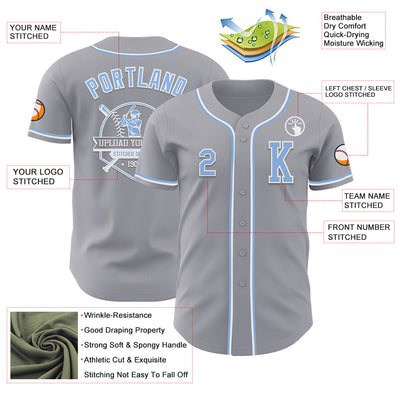 Custom Gray Light Blue-White Authentic Baseball Jersey