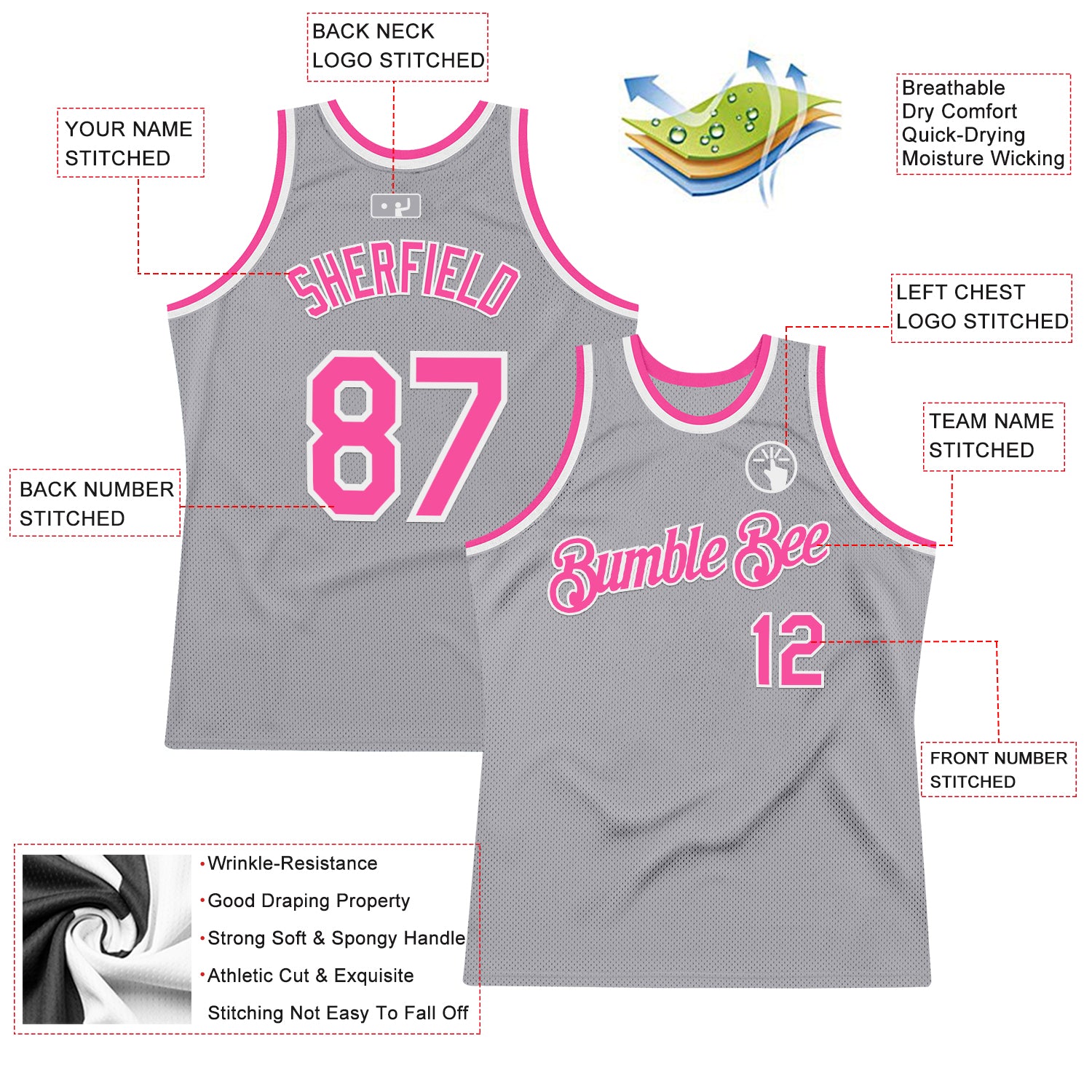 Custom Gray Pink-White Authentic Throwback Basketball Jersey
