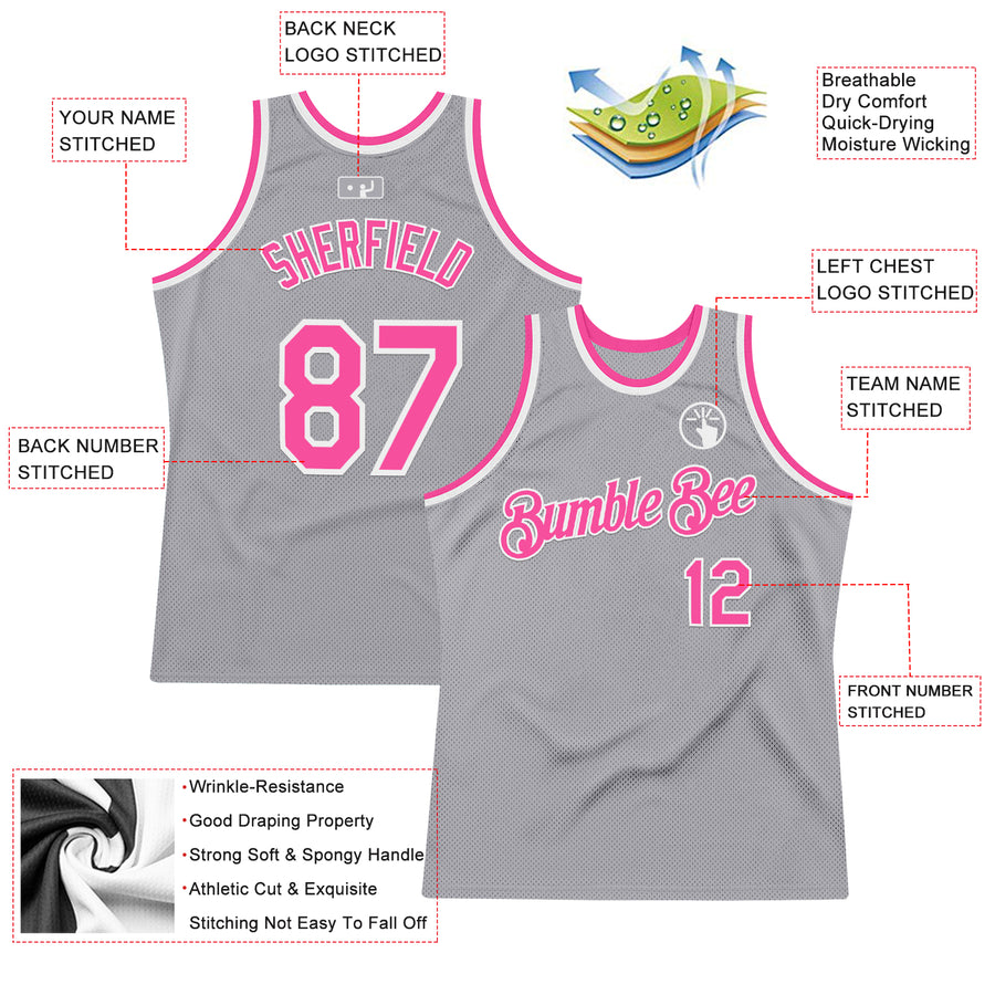 Custom Gray Pink-White Authentic Throwback Basketball Jersey