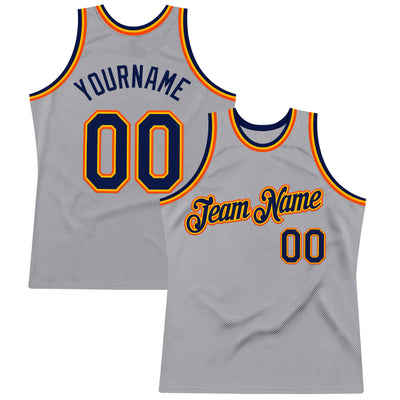 Custom Gray Navy Gold-Orange Authentic Throwback Basketball Jersey