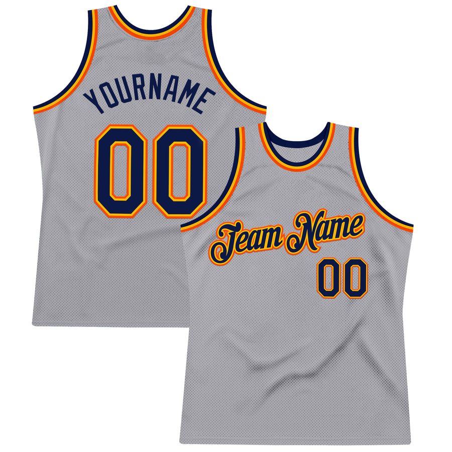 Custom Gray Navy Gold-Orange Authentic Throwback Basketball Jersey
