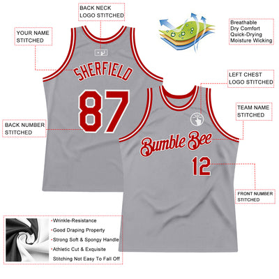 Custom Gray Red-White Authentic Throwback Basketball Jersey