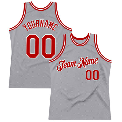 Custom Gray Red-White Authentic Throwback Basketball Jersey