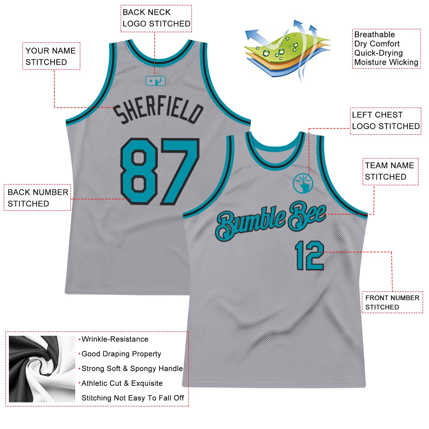 Custom Gray Teal-Black Authentic Throwback Basketball Jersey