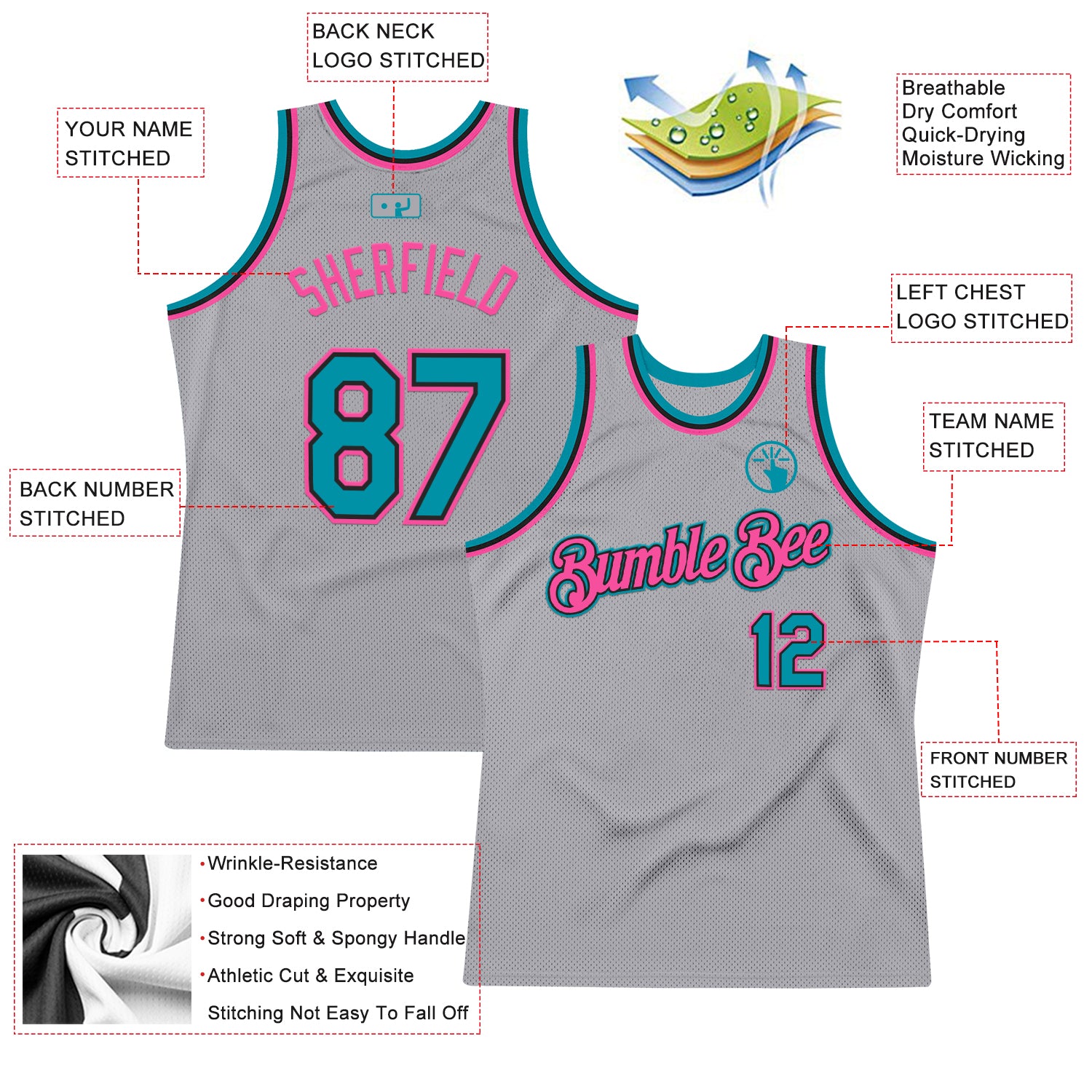 Custom Gray Teal Black-Pink Authentic Throwback Basketball Jersey