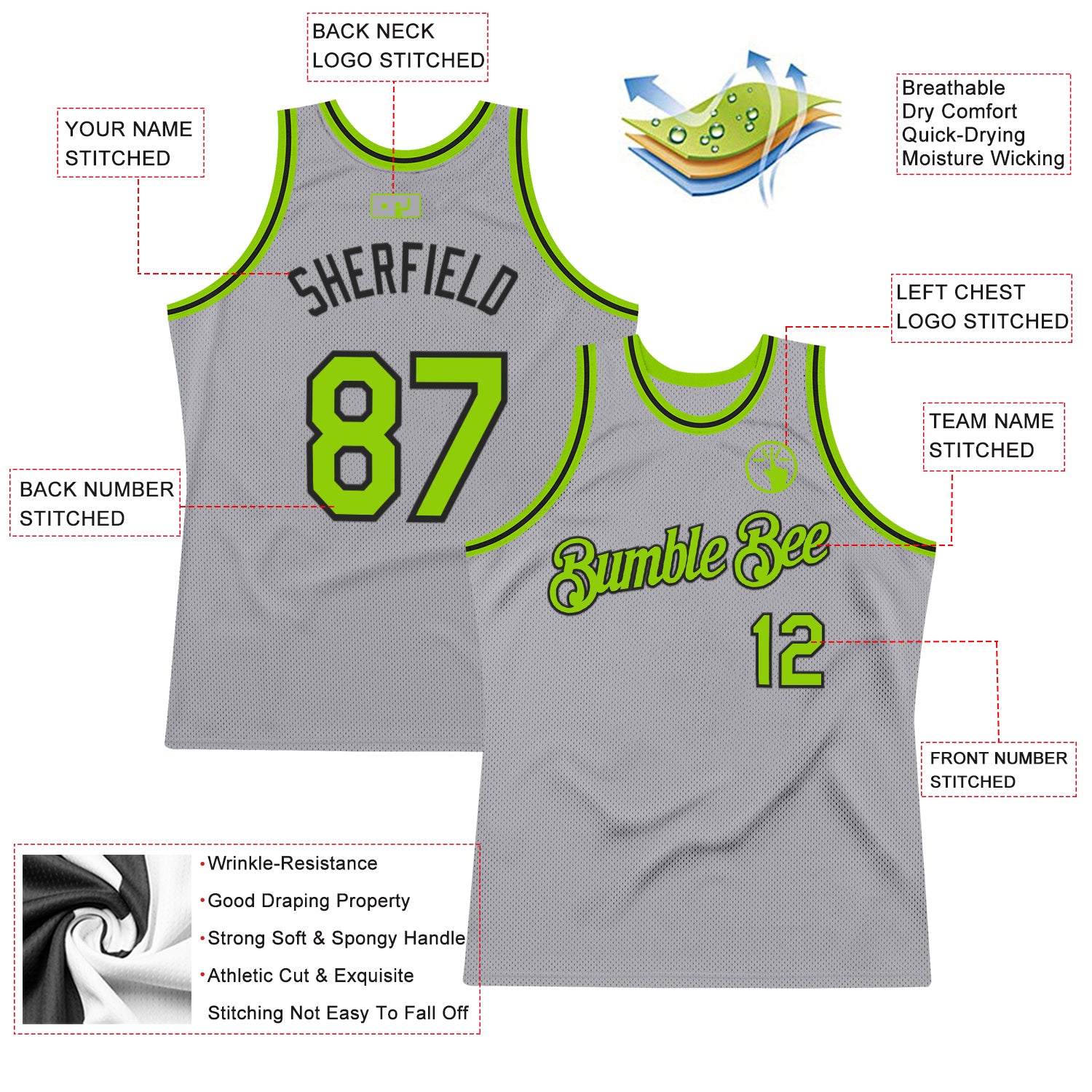 Custom Gray Neon Green-Black Authentic Throwback Basketball Jersey