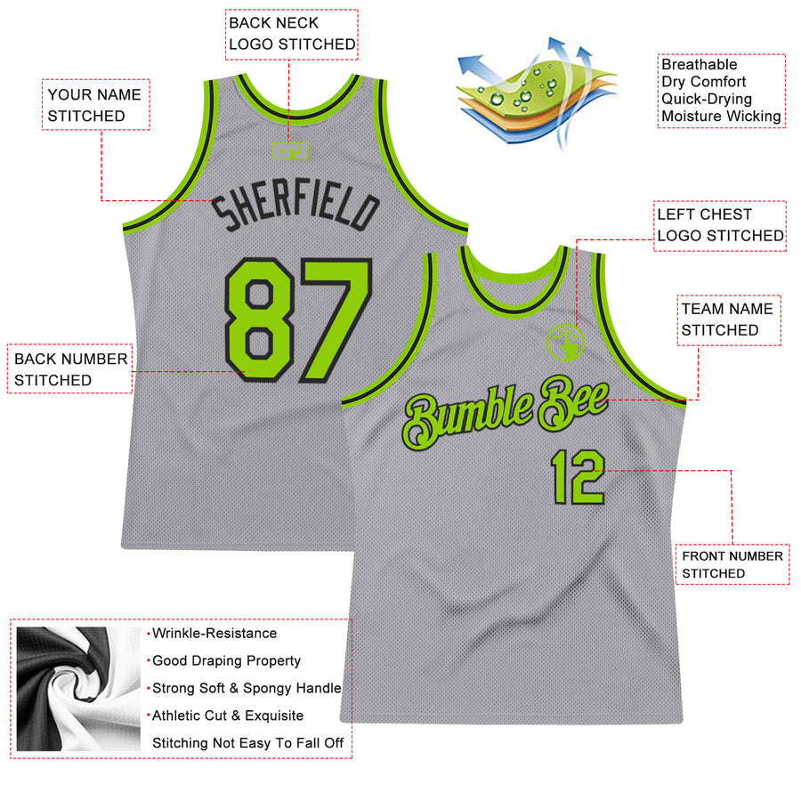 Custom Gray Neon Green-Black Authentic Throwback Basketball Jersey