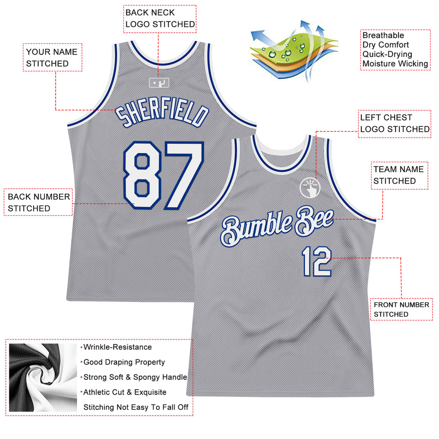 Custom Gray White-Royal Authentic Throwback Basketball Jersey