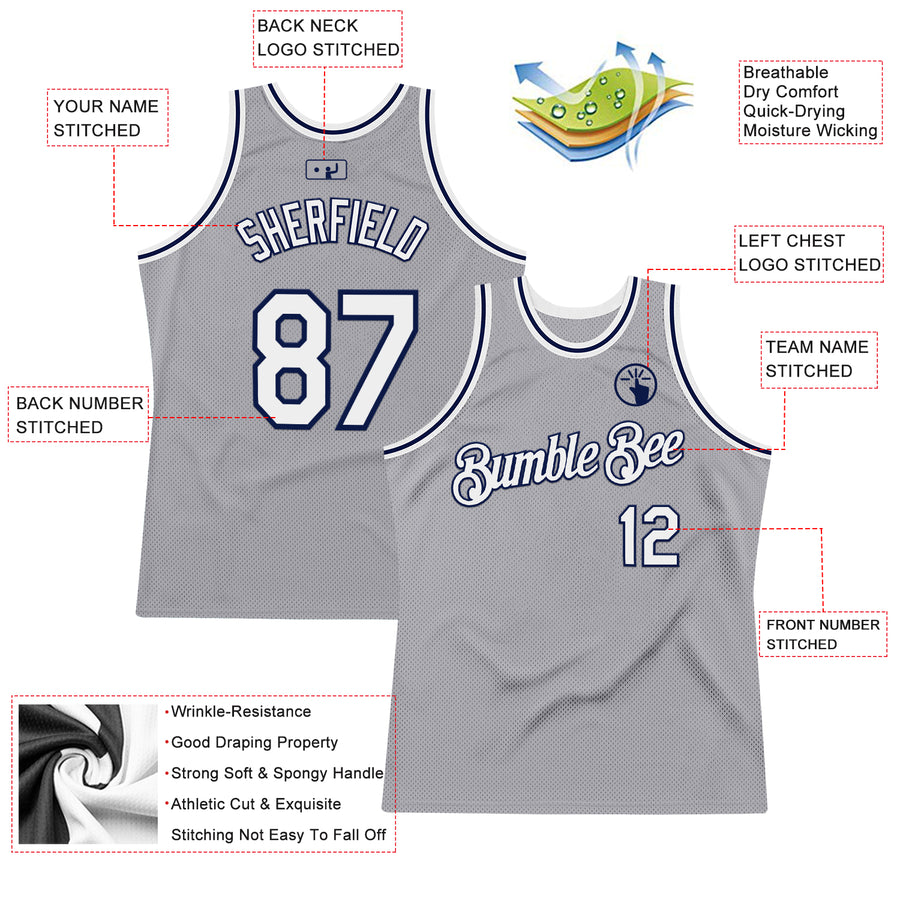 Custom Gray White-Navy Authentic Throwback Basketball Jersey