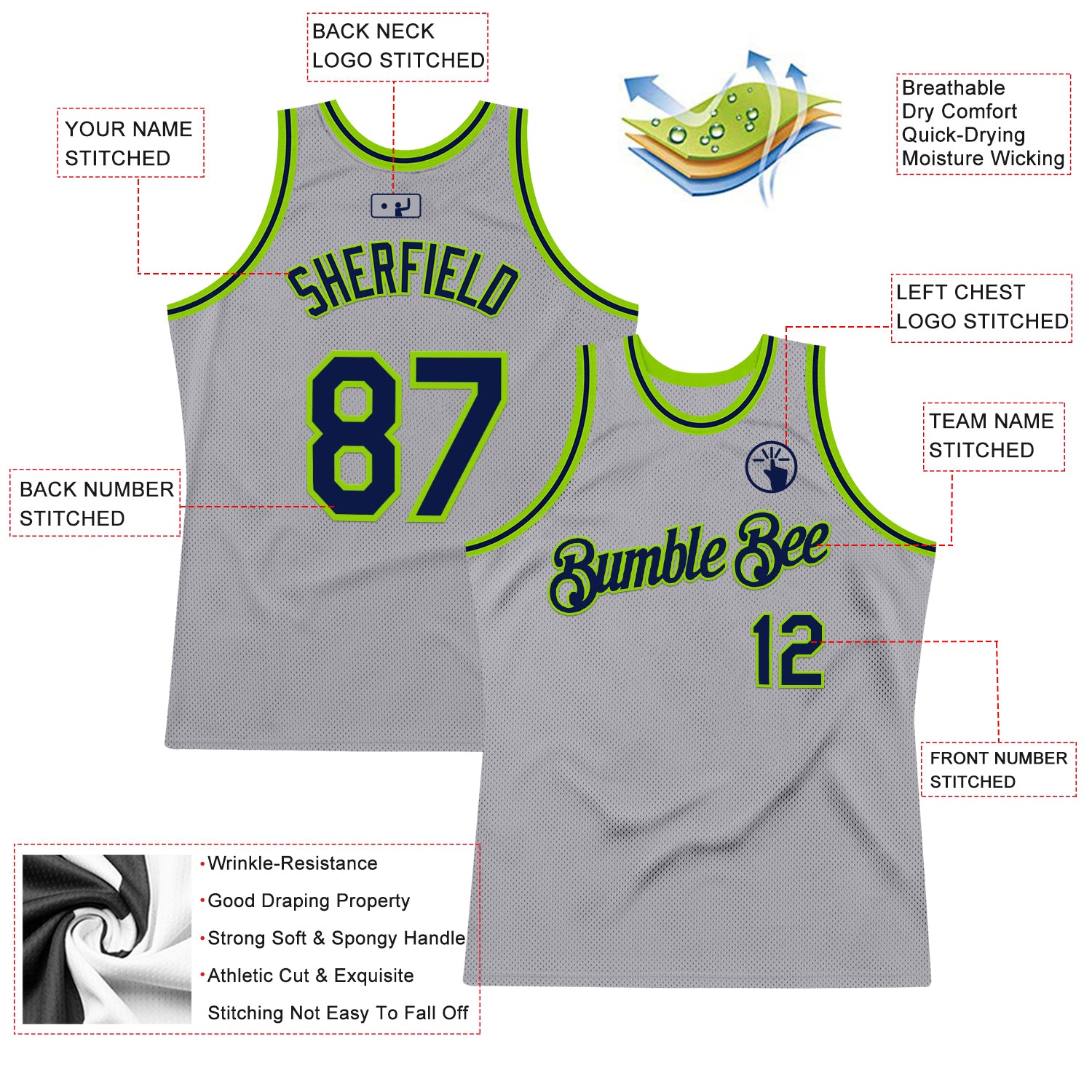 Custom Gray Navy-Neon Green Authentic Throwback Basketball Jersey