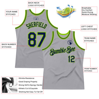 Custom Gray Navy-Neon Green Authentic Throwback Basketball Jersey