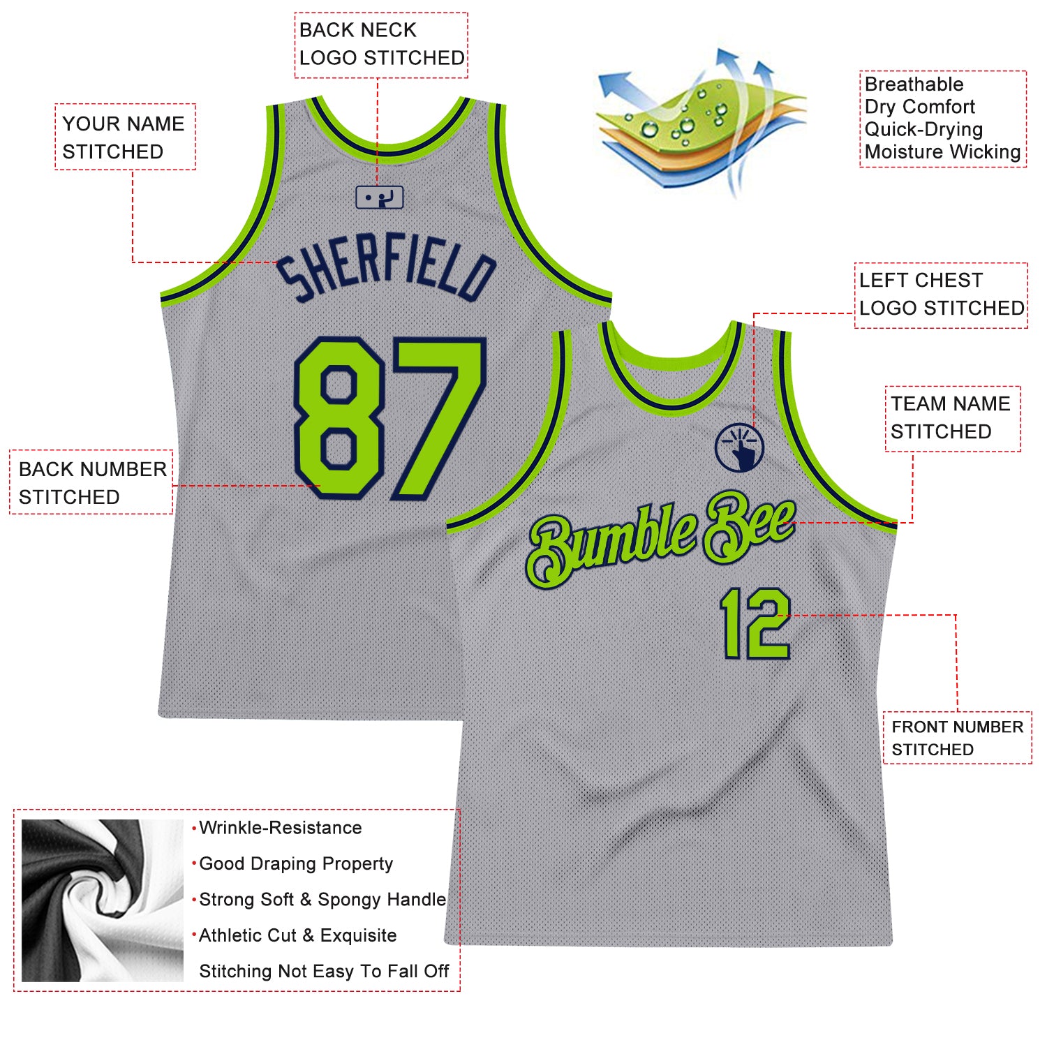 Custom Gray Neon Green-Navy Authentic Throwback Basketball Jersey