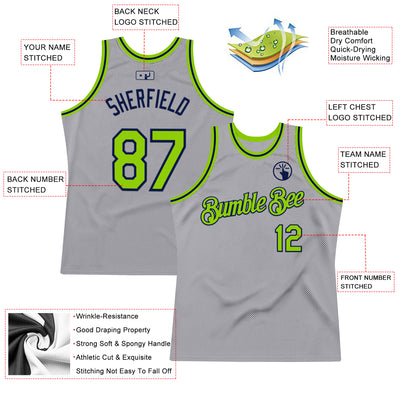 Custom Gray Neon Green-Navy Authentic Throwback Basketball Jersey