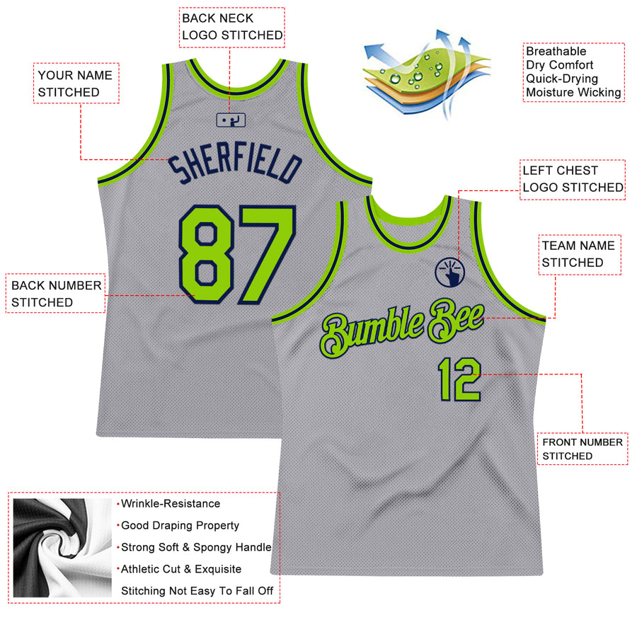 Custom Gray Neon Green-Navy Authentic Throwback Basketball Jersey