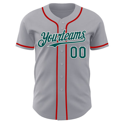 Custom Gray Midnight Green White-Red Authentic Baseball Jersey