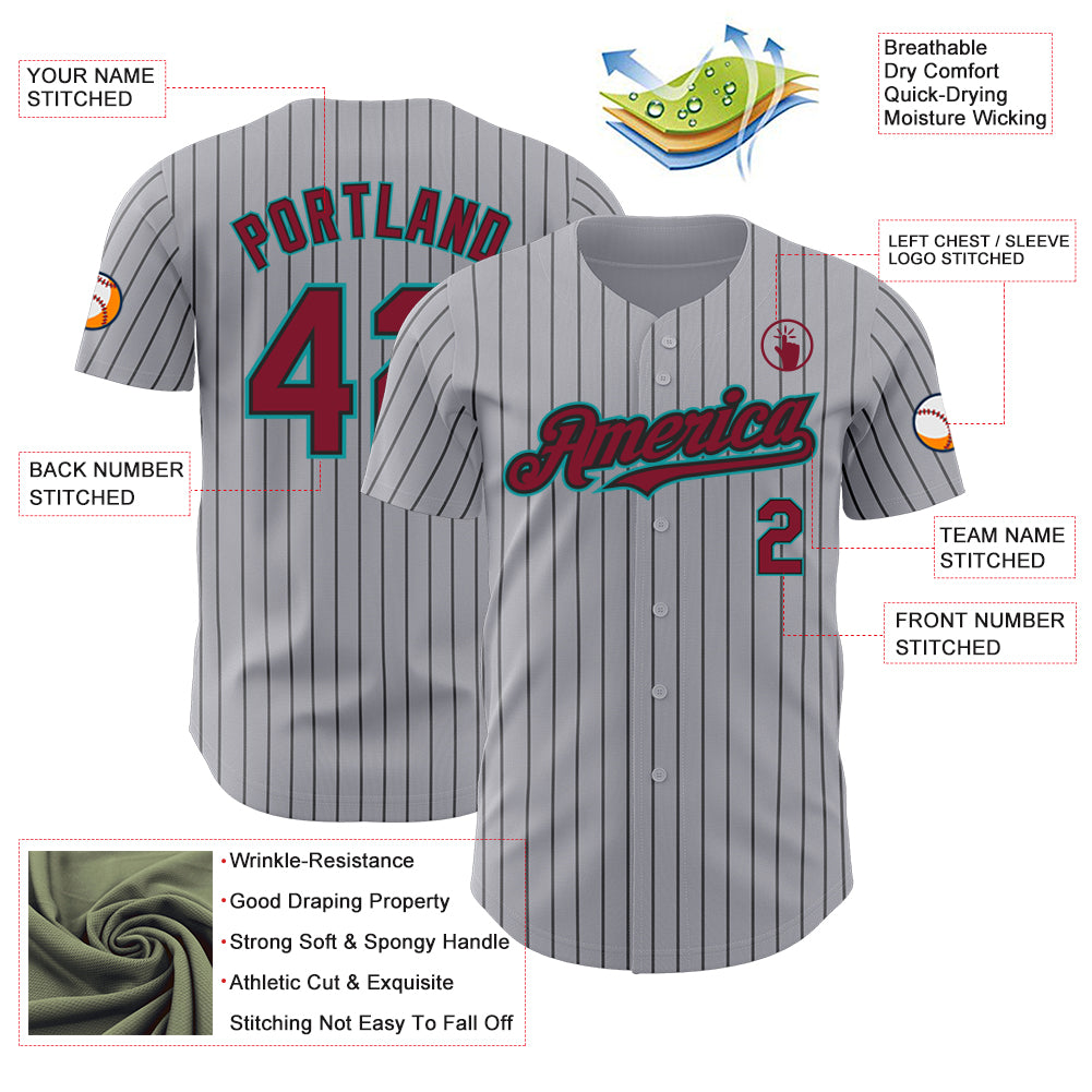 Custom Gray Black Pinstripe Crimson-Teal Authentic Baseball Jersey