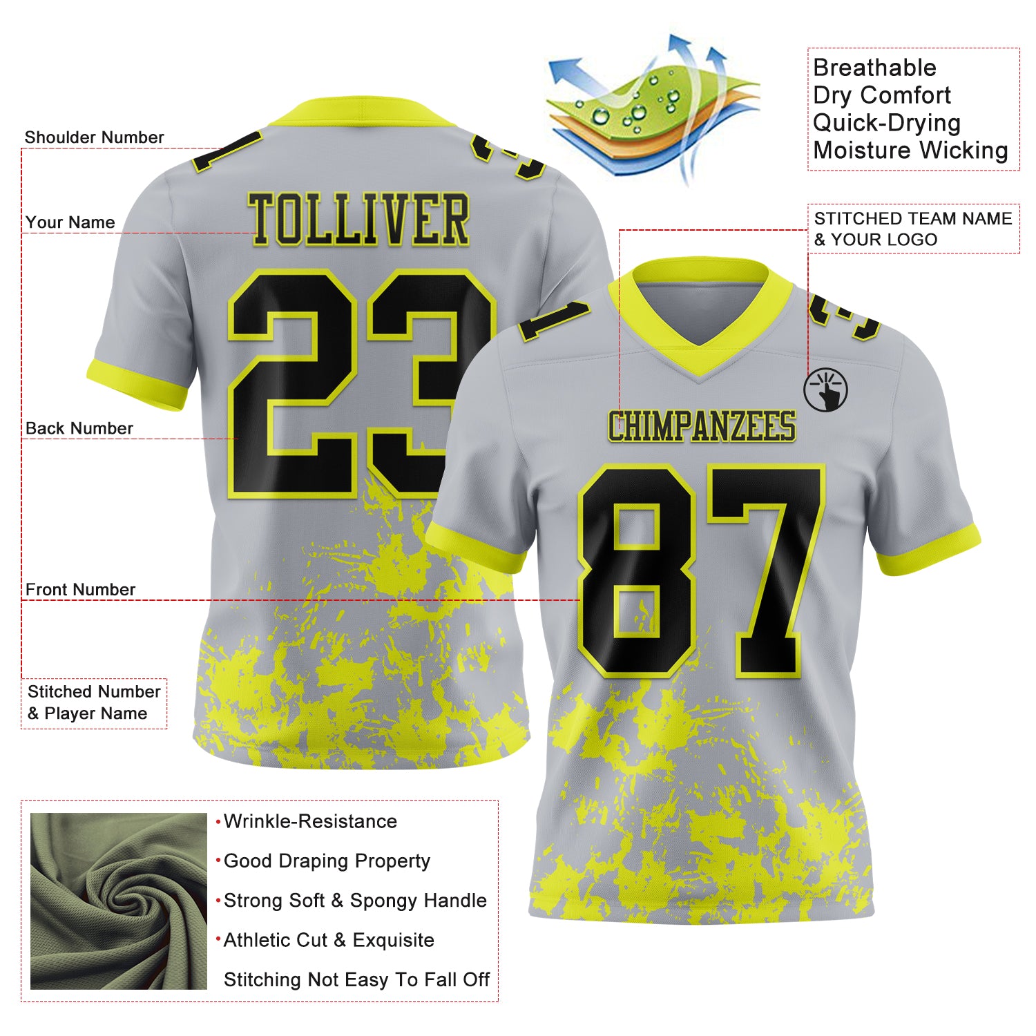 Custom Gray Black-Neon Yellow 3D Pattern Splash Authentic Football Jersey