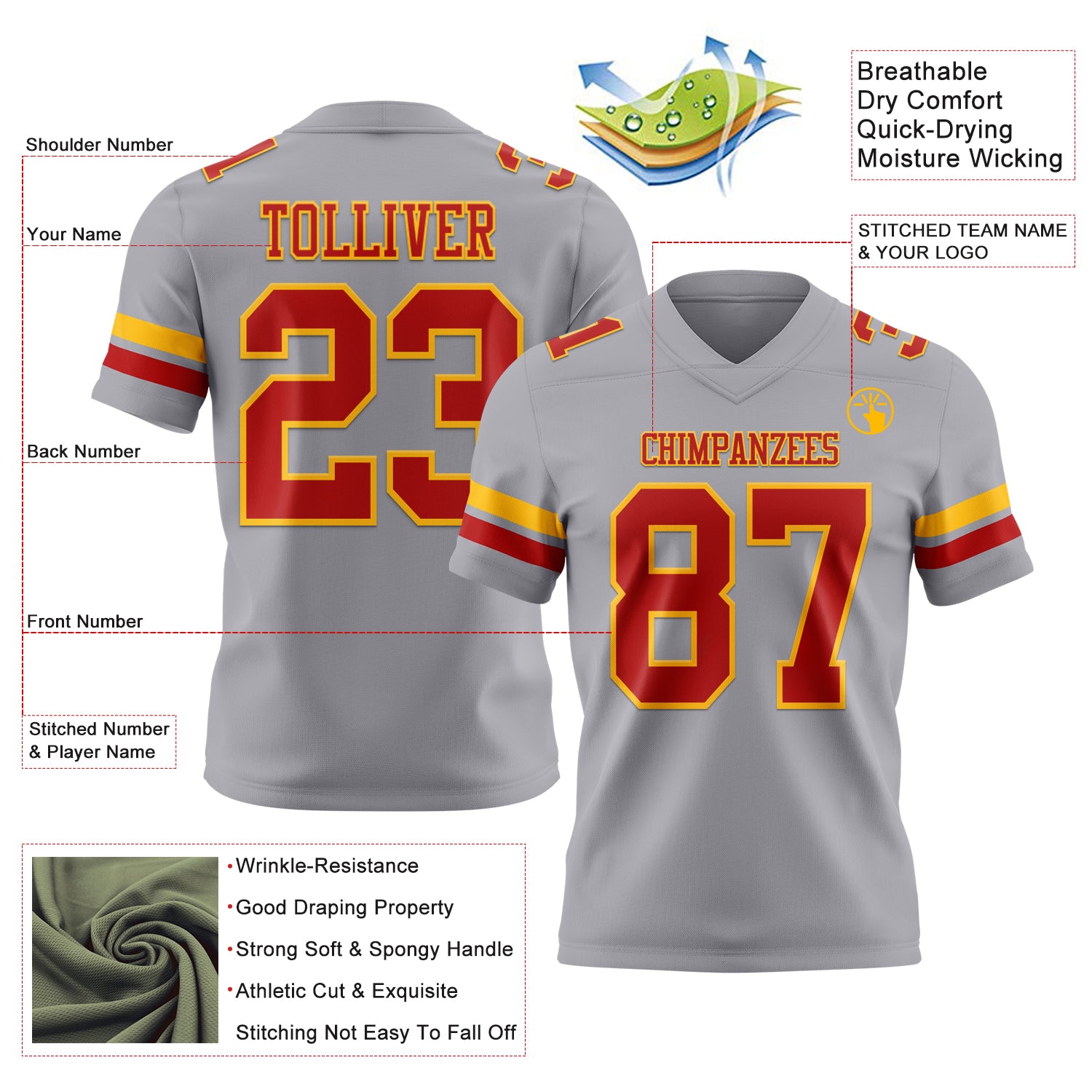 Custom Gray Red-Gold Authentic Football Jersey