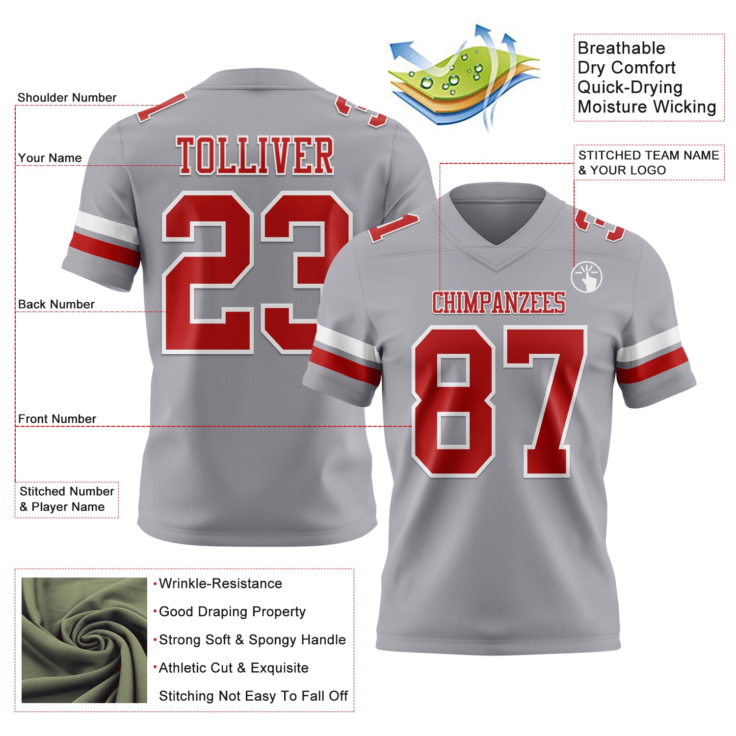 Custom Gray Red-White Authentic Football Jersey